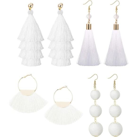 4Pairs White & Gold Tassel Earrings For Women Fan Shape Tassel Earrings Long - Picture 1 of 6